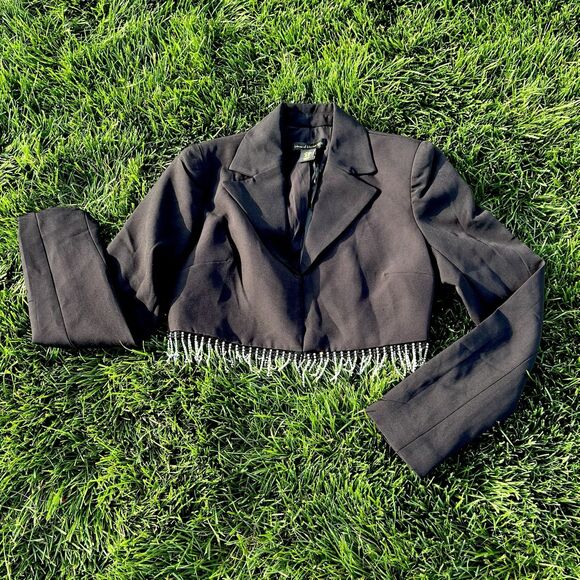 HOUSE OF HARLOW 1960 RHINESTONE FRINGE BLAZER JACKET & MINI SKIRT SET NWT XS - Picture 2 of 16